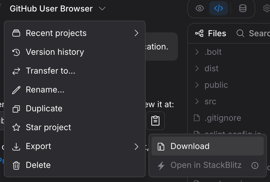 Export → Download gives you the complete project as a ZIP.
