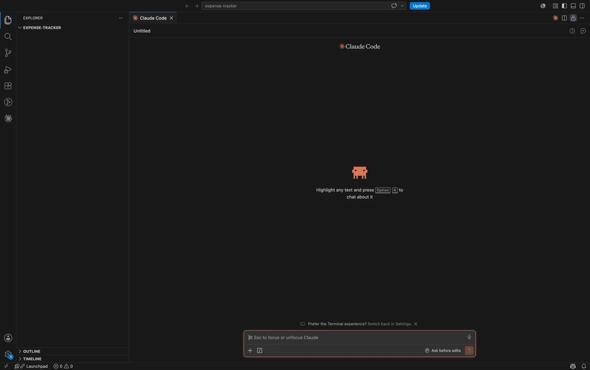 Starting point: a blank project folder and Claude Code open in VS Code