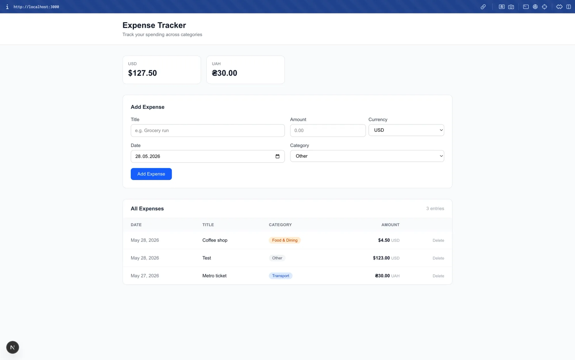 The generated expense tracker running locally: clean, functional, no unrequested features added